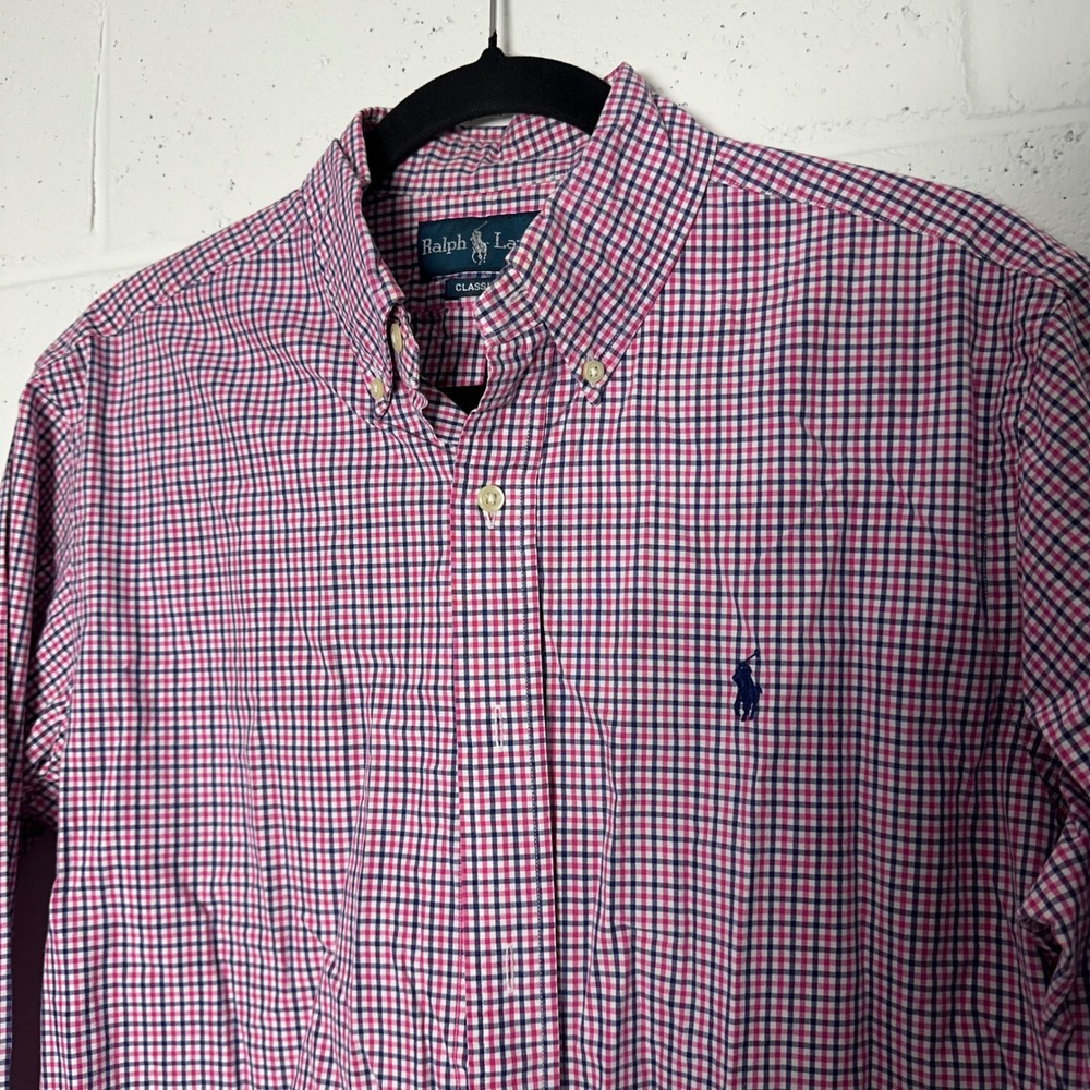 Ralph Lauren Mens Classic Fit Gingham Button Down Shirt Pink Navy Blue 15.5